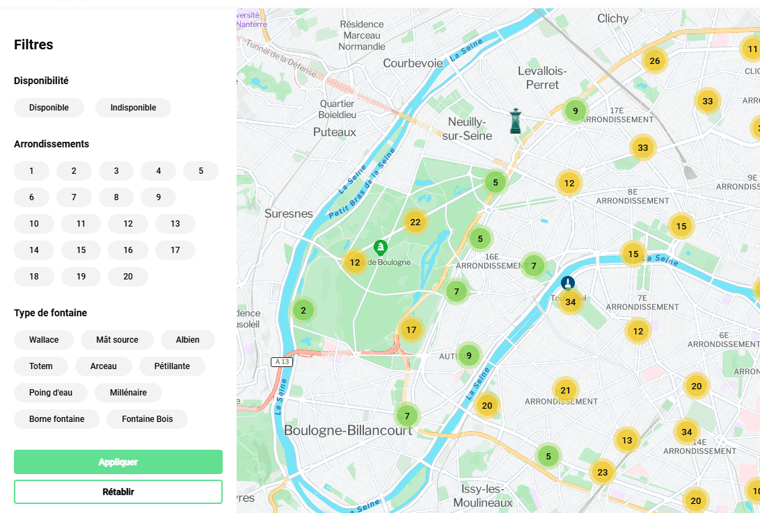 Système de filtres des fontaines personnalisés dans Fountain Finder