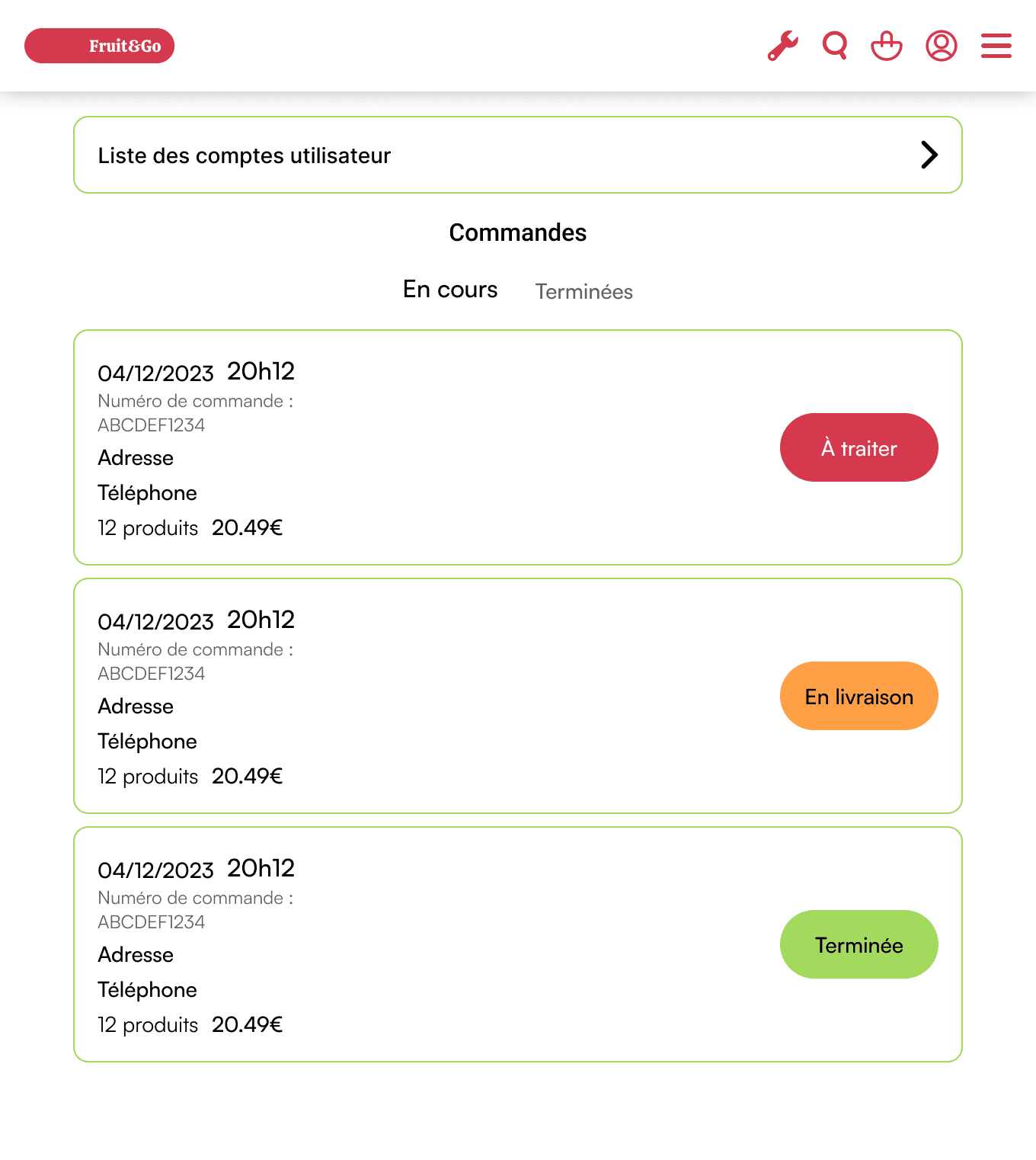 Fonctionnalité interface administrateur du projet Fruit&go