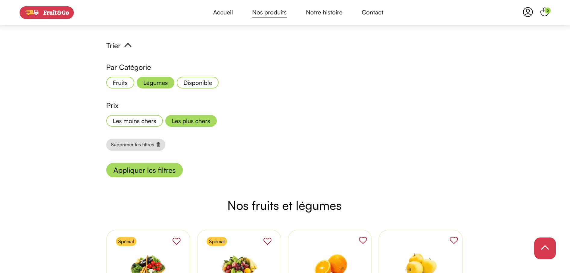 Fonctionnalité filtres du projet Fruit&go