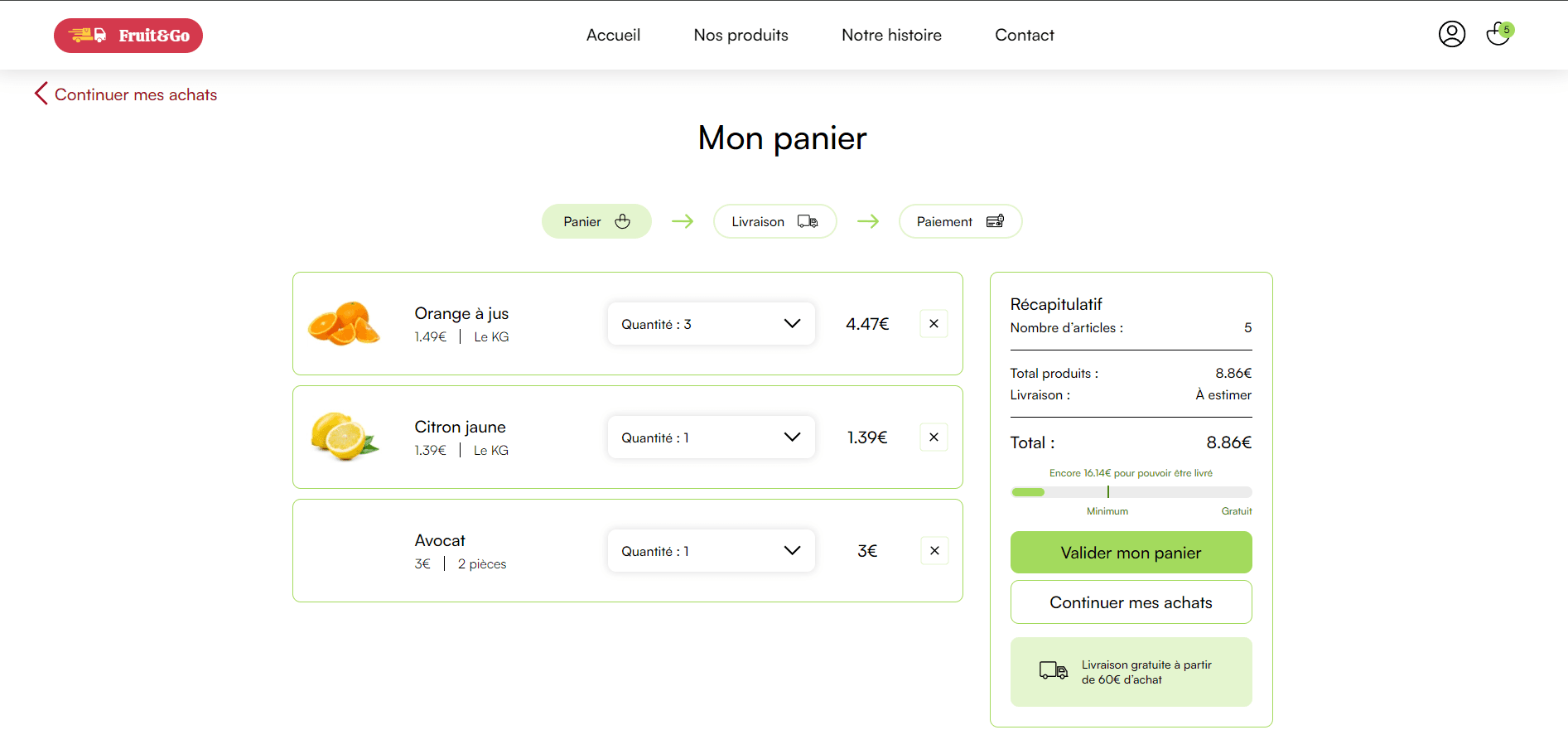 Fonctionnalité panier dynamique du projet Fruit&go