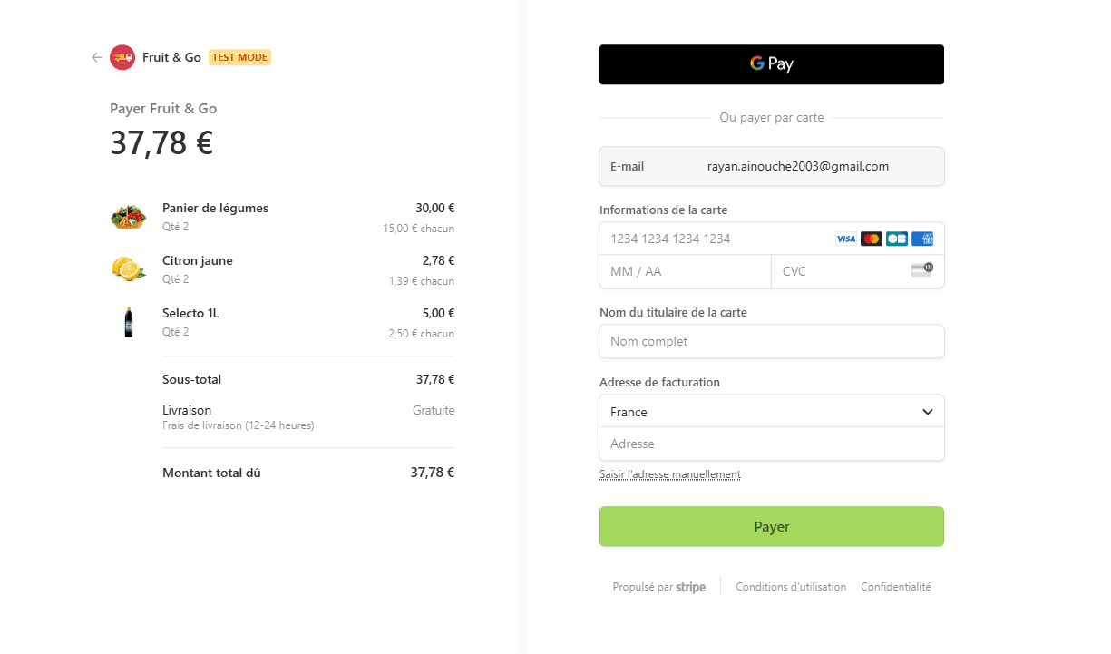 Fonctionnalité paiement avec Stripe du projet Fruit&go