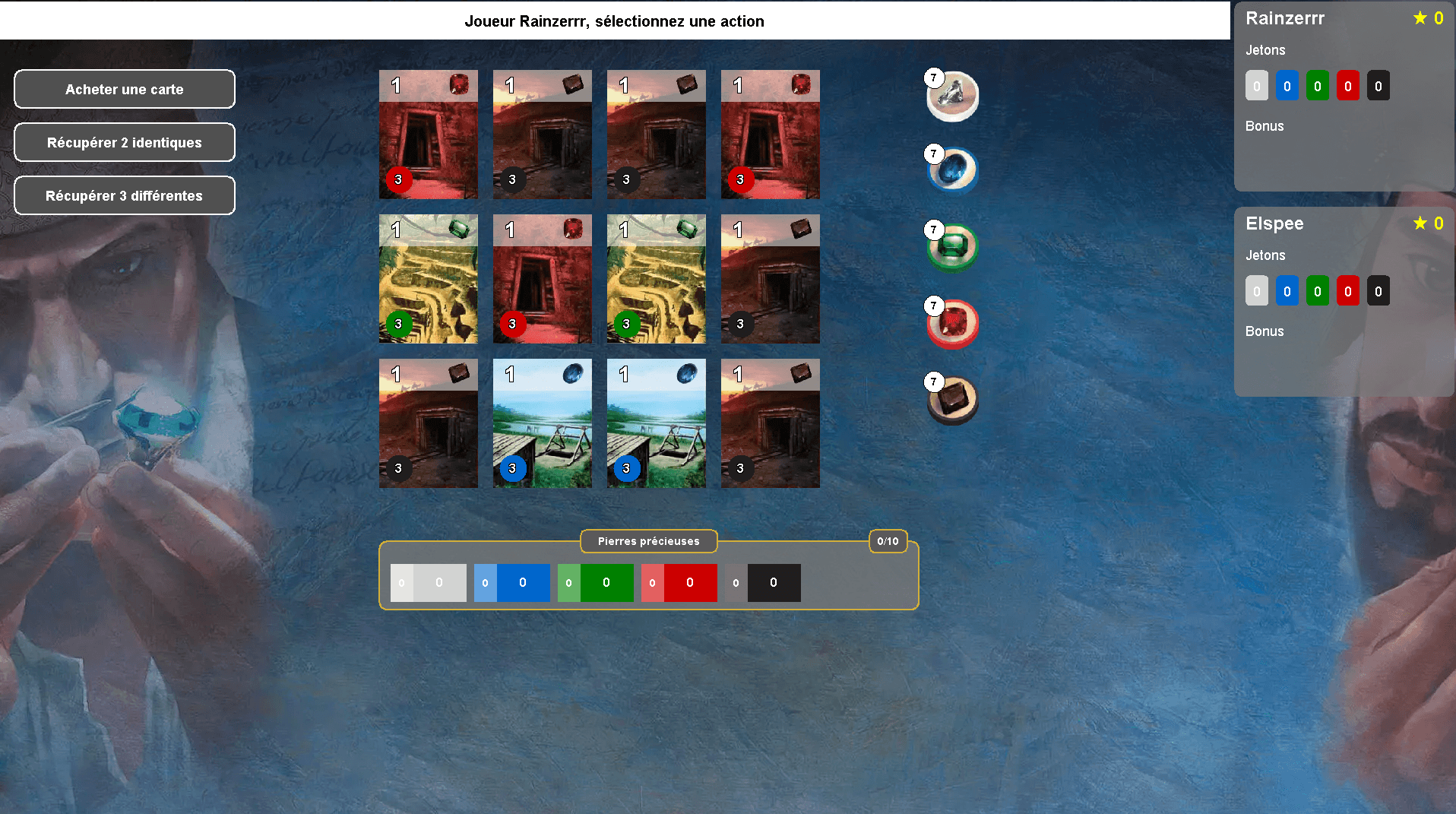 Interface graphique simplifiée du jeu Splendor