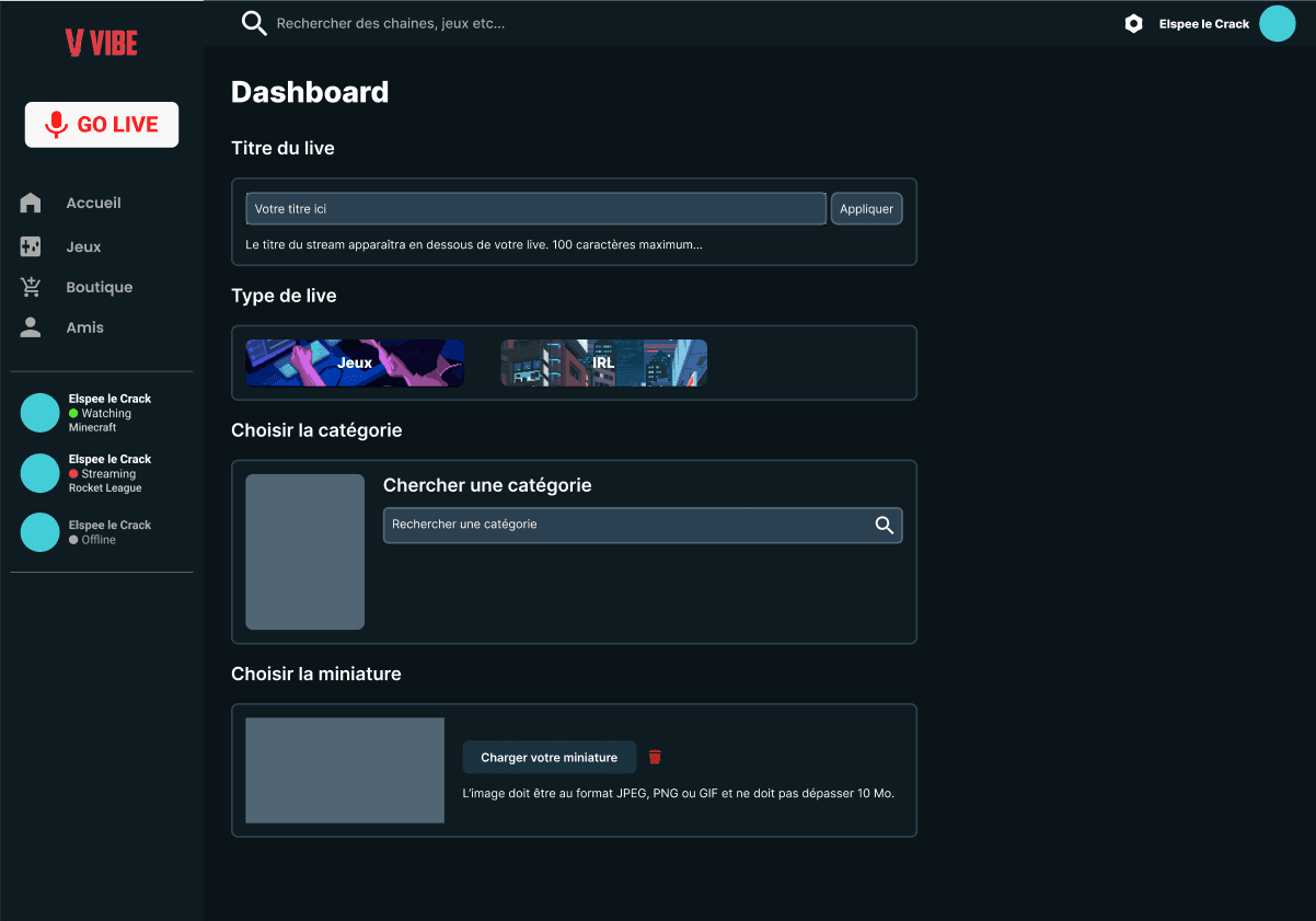 Dashboard de configuration des lives