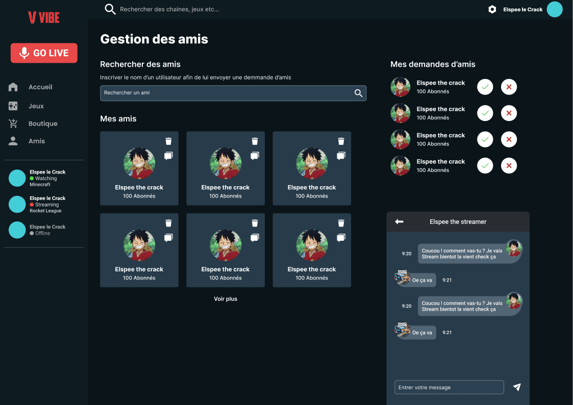 Chat et gestion des amis sur la plateforme