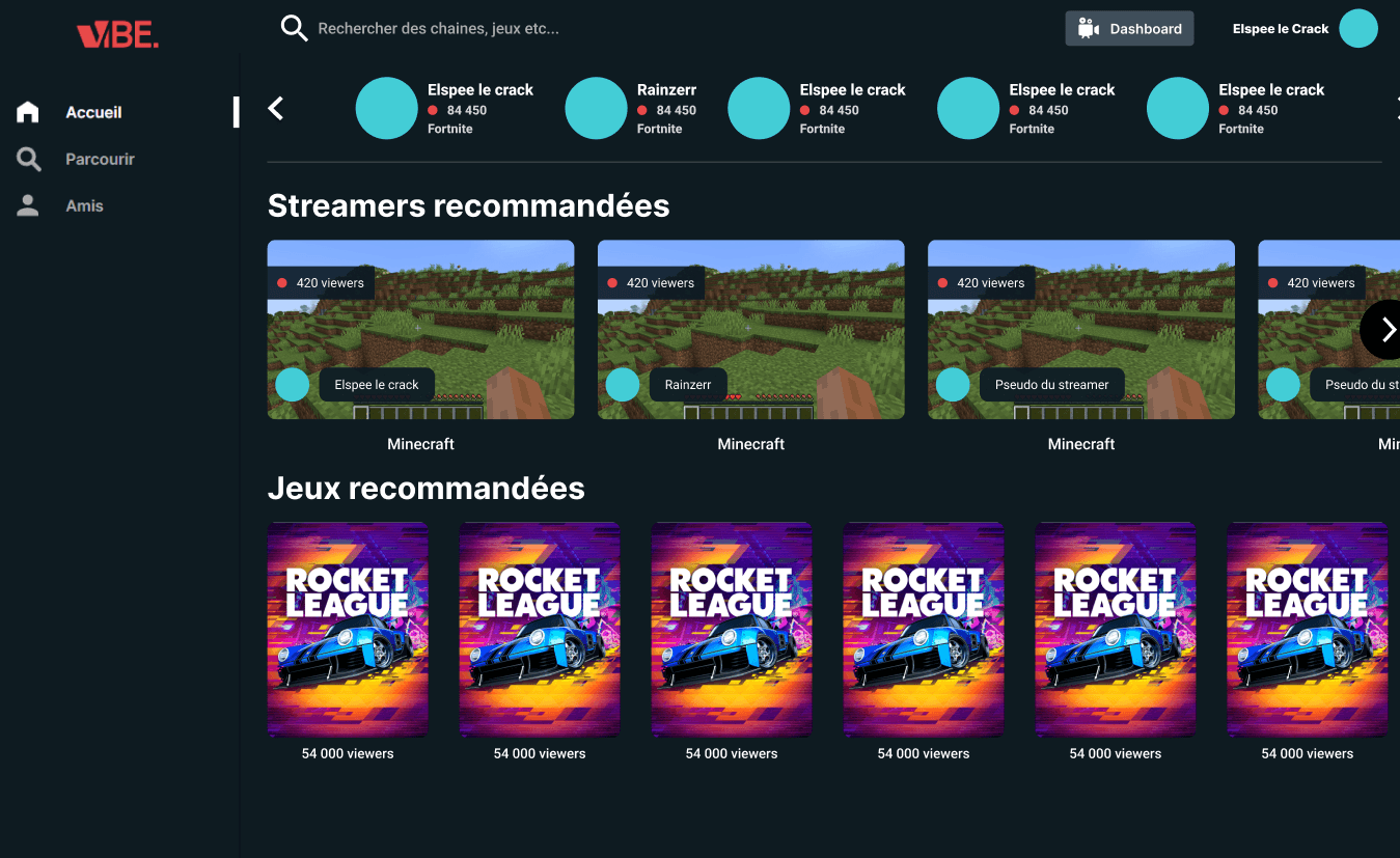 Aperçu de la page d'accueil de VIBE