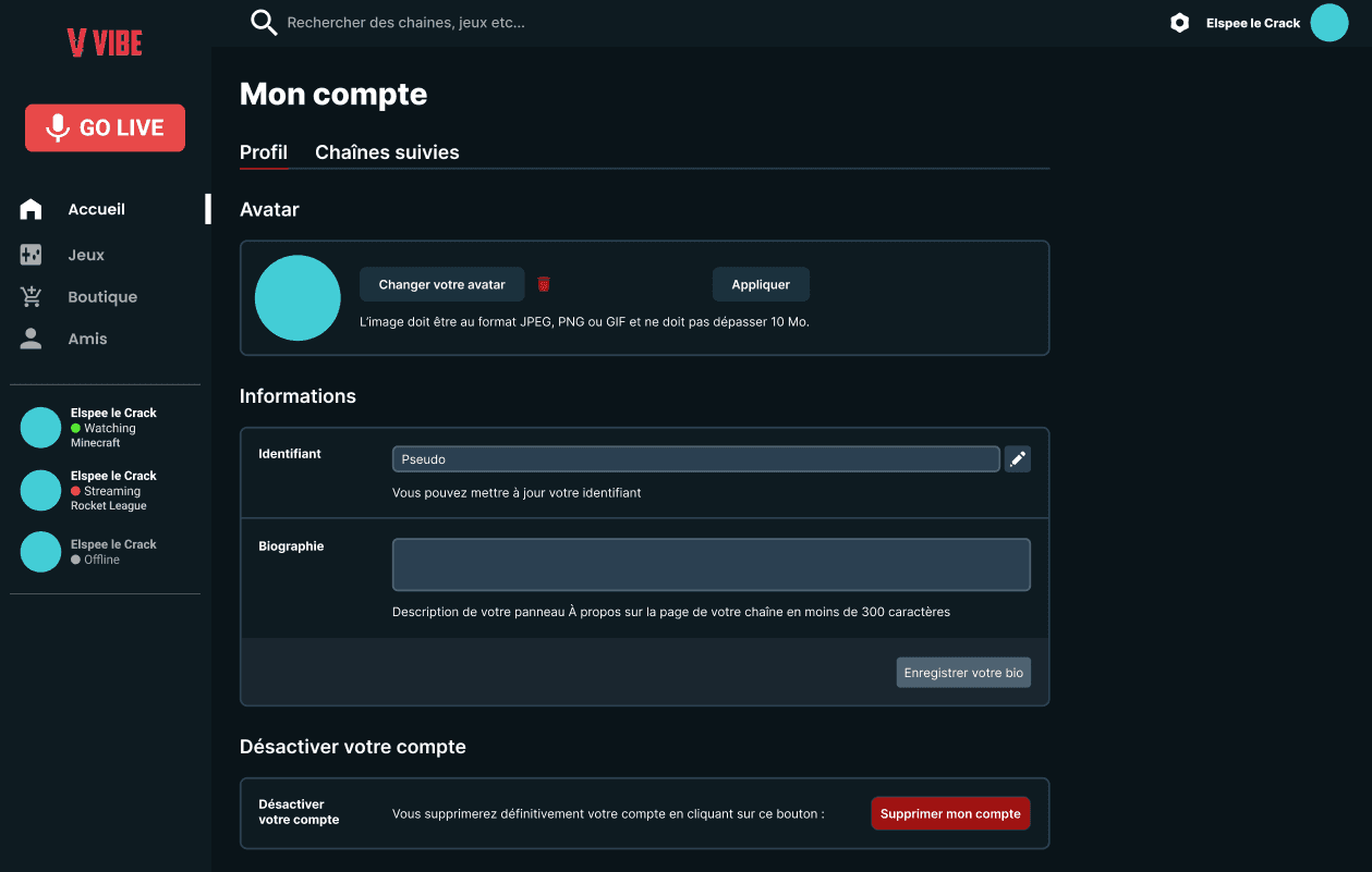Interface de gestion du profil utilisateur